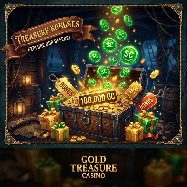 Gold Treasure Casino bonus guide &mdash; 100,000 GC + 3 SC free, first-purchase match, daily rewards