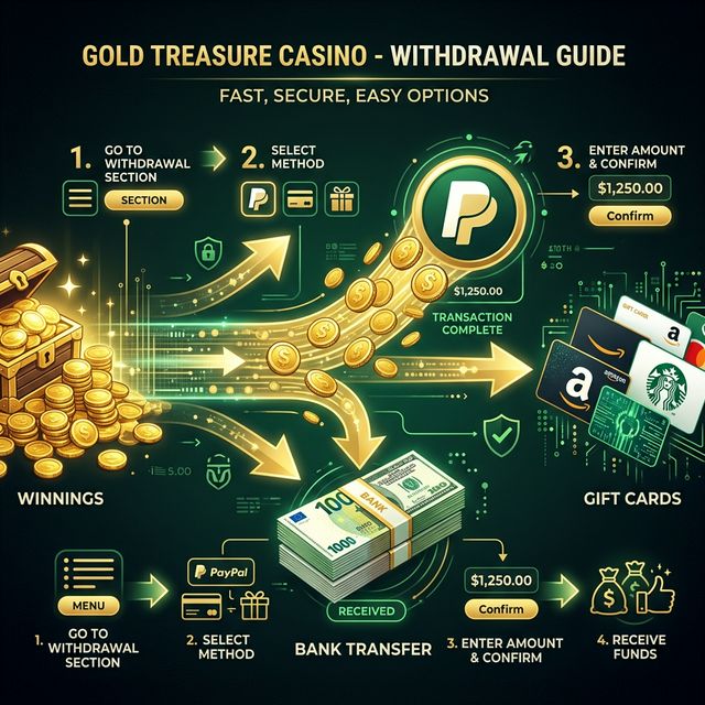 Gold Treasure Casino withdrawal guide &mdash; redeem sweeps coins via PayPal, minimum 50 SC